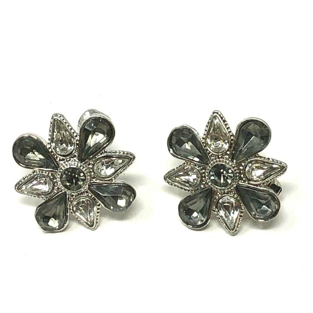 Avon Vintage NOS Black Crystal Rhinestone Clip-On Earrings‎ Silver Tone Floral